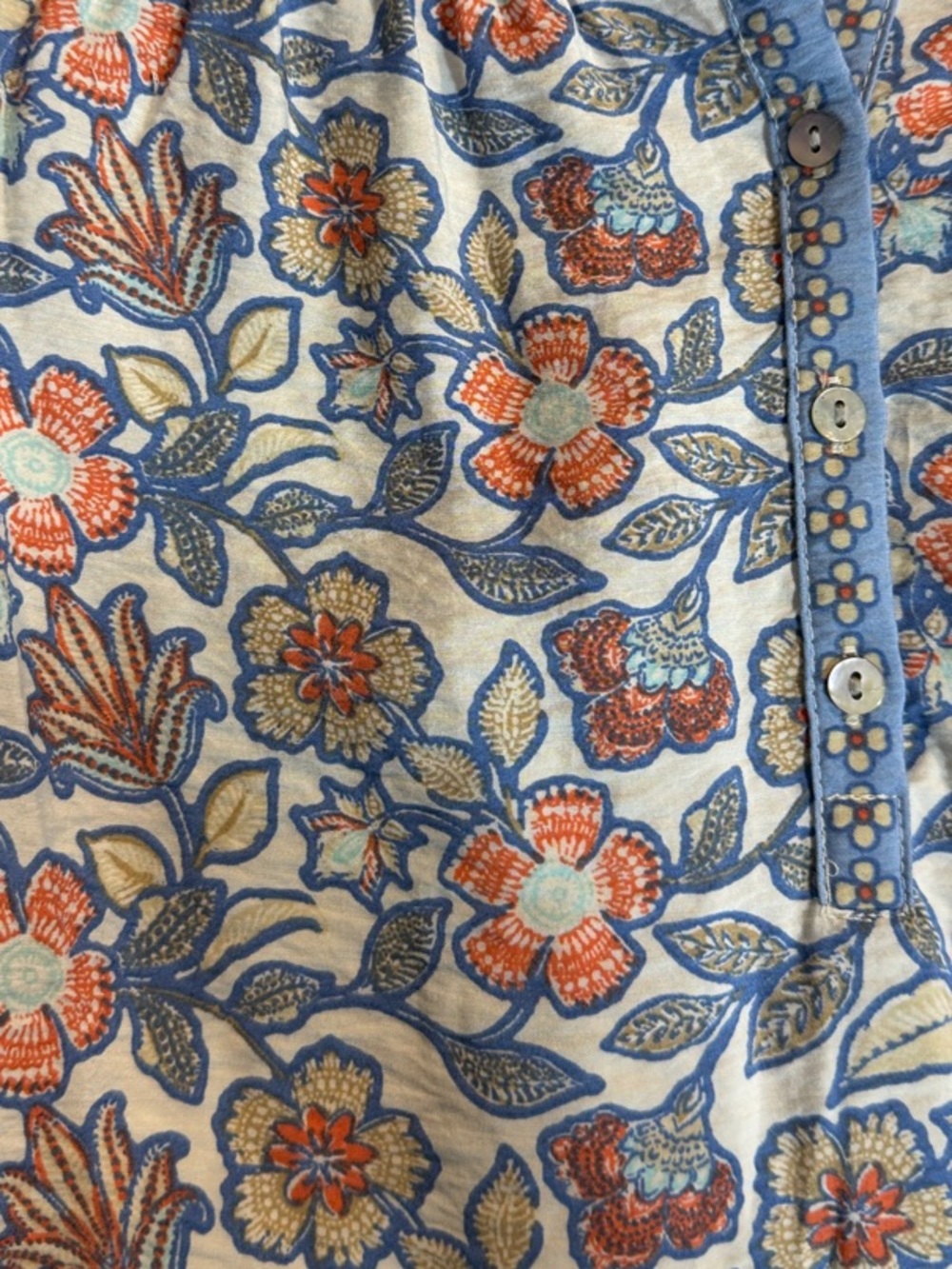 Ruby Rd. Women's Vintage Floral Tie Front Henley Tee in Blues/Orange (Size L) - Picture 8 of 11